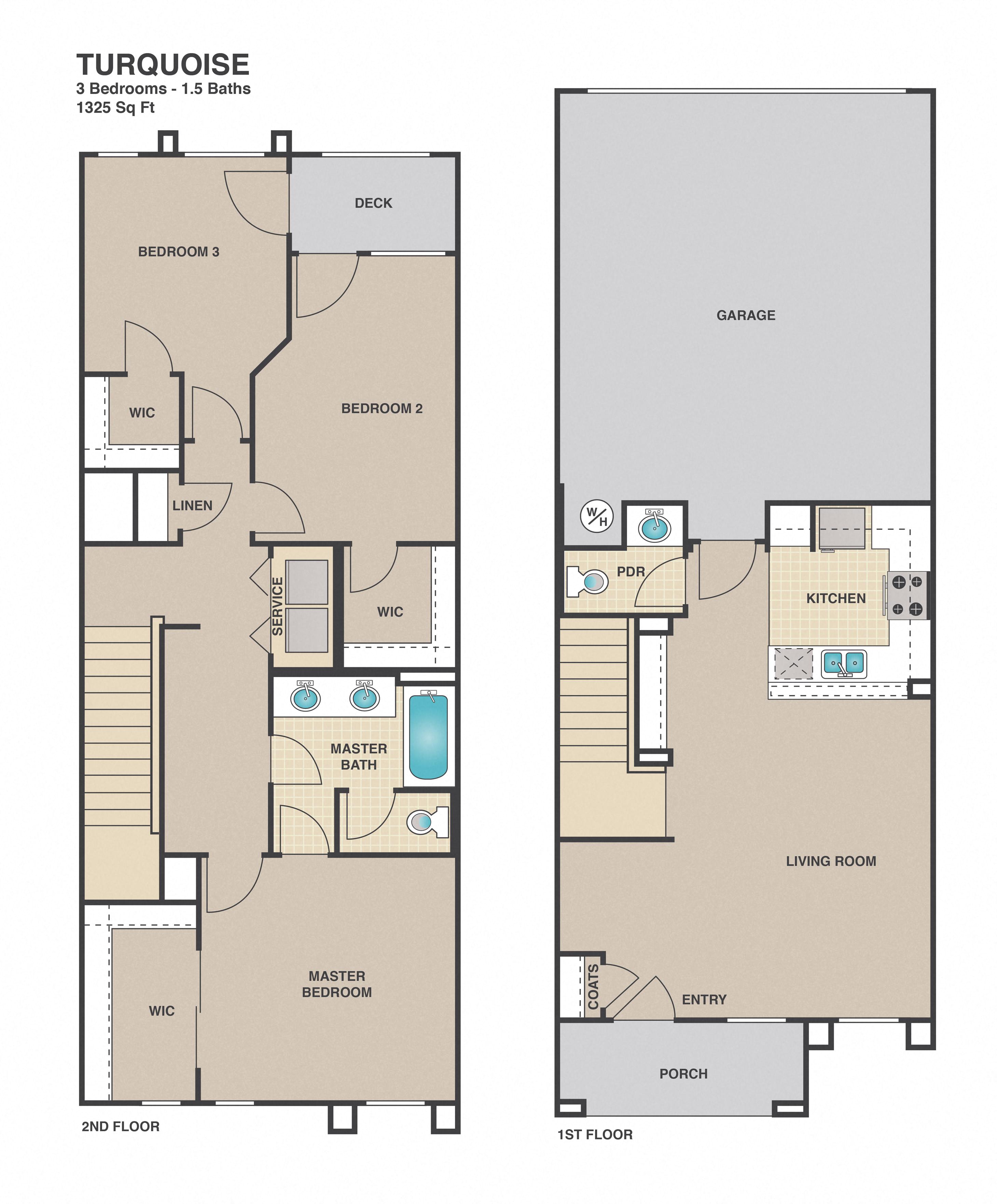 Floor plan for 3 beds, 1.5 baths, 1325 sqft